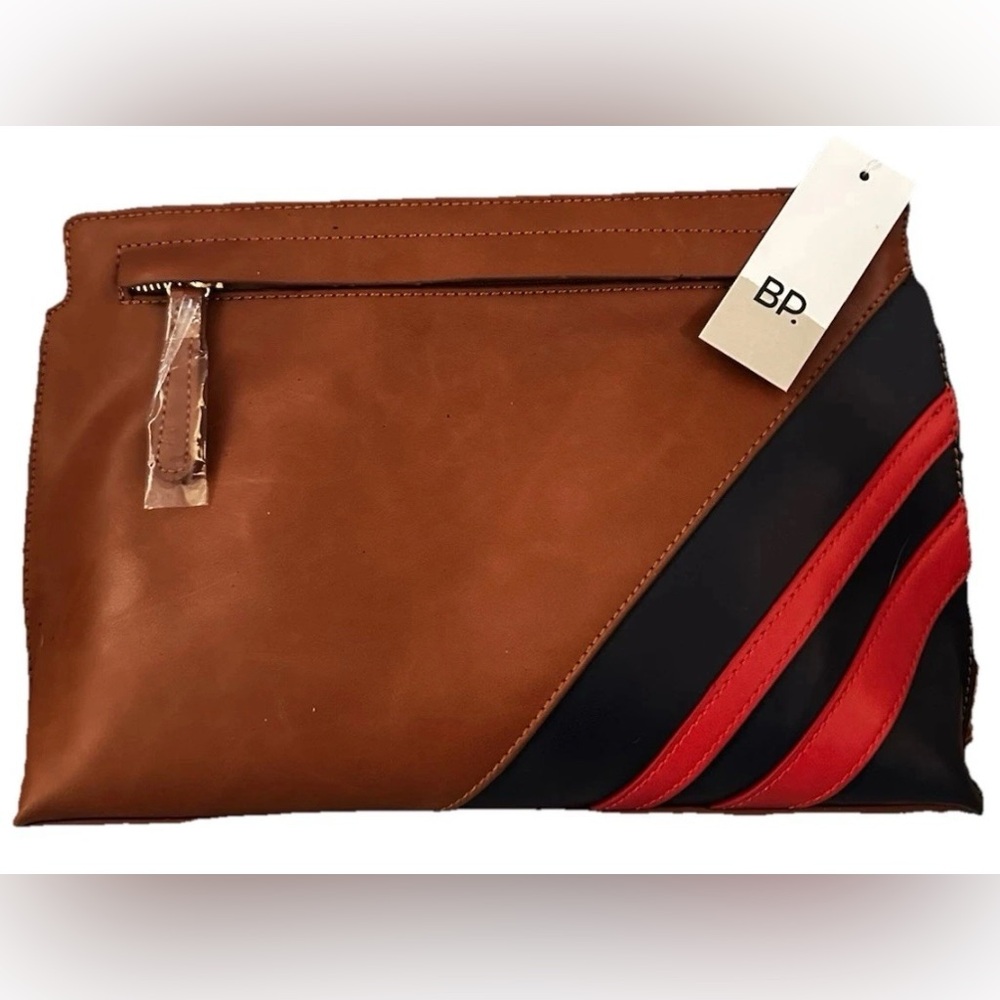 NWT BP. Brown Red Navy Blue Clutch Zipper Closure Vegan Leather